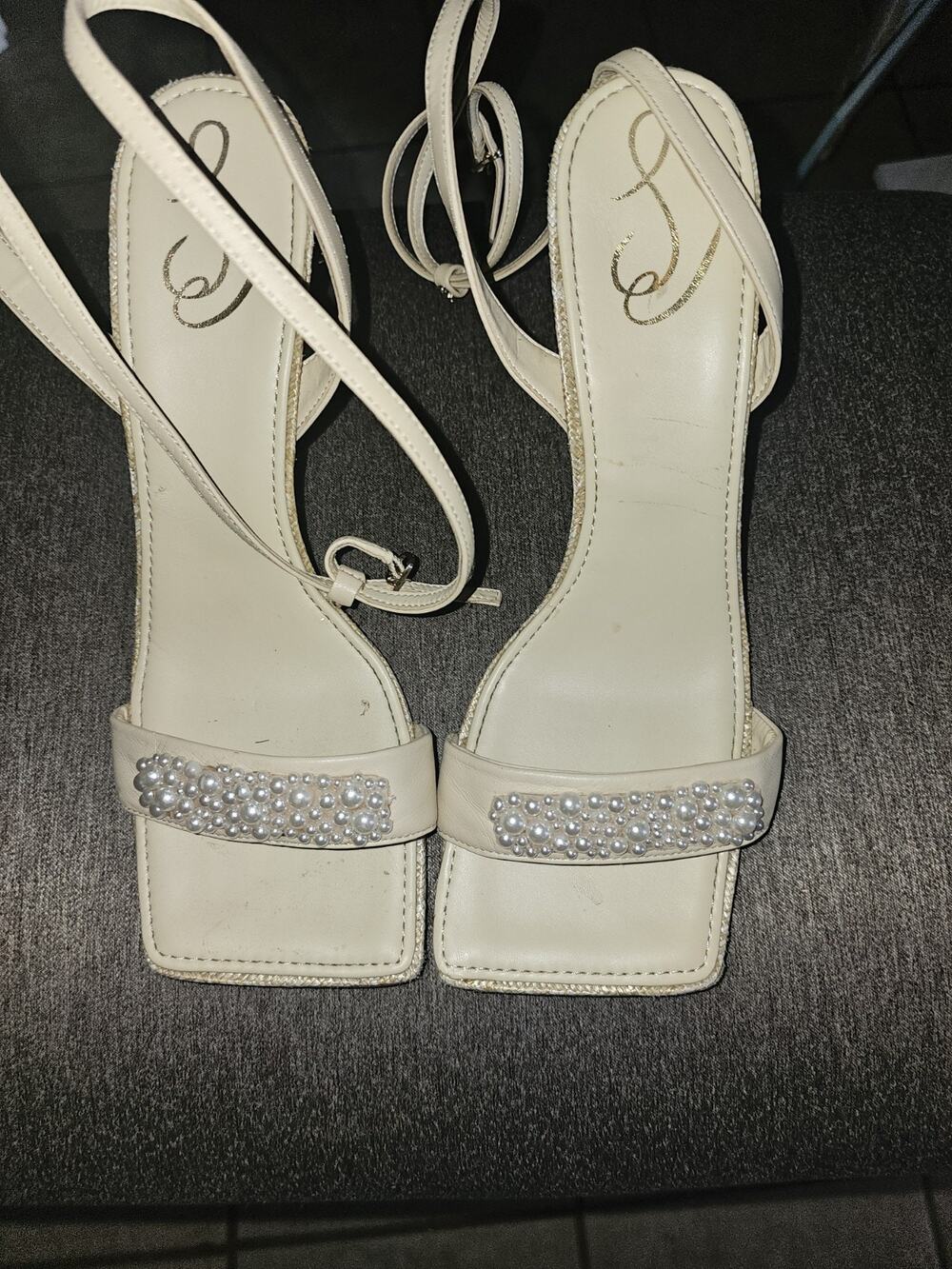 Sam Edelman Ivory Color Shoe with Pearls Square Toe Wicker-Like Heel Size 10